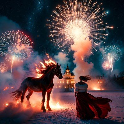 Fireworks and horse in winter night