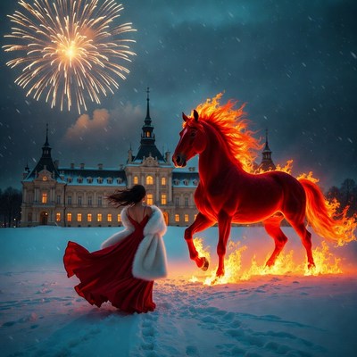 Magical night with fireworks and fire horse