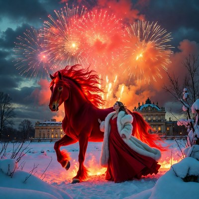 Red horse and woman celebrating in winter