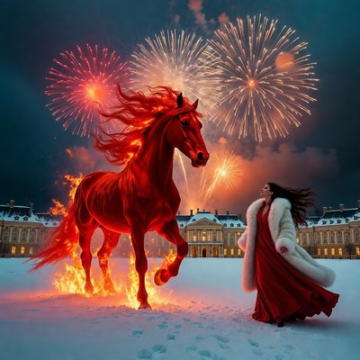 Red horse and fireworks display