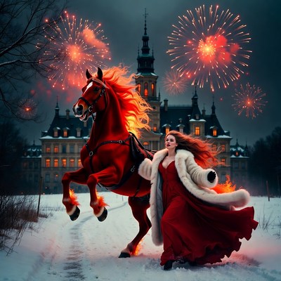 Fiery horsewoman at twilight festival