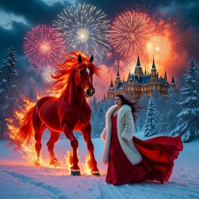 Fire horse and queen in winter scene