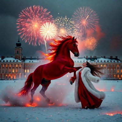 Red horse and woman in celebration