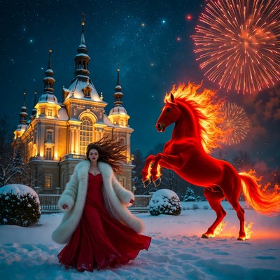 Magical night with fireworks and horse