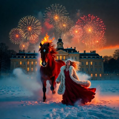 Red dress and horse in winter fireworks