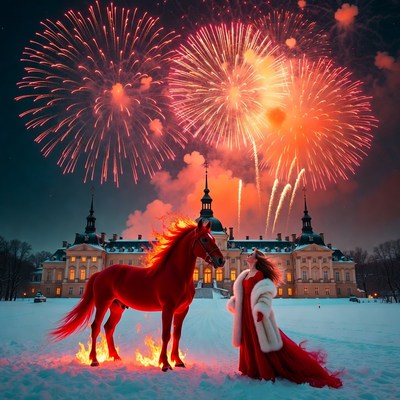 Fireworks over snow and horse