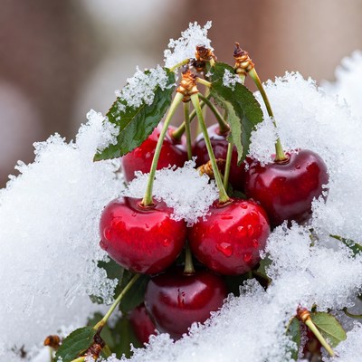 Cherries covered in fresh snow