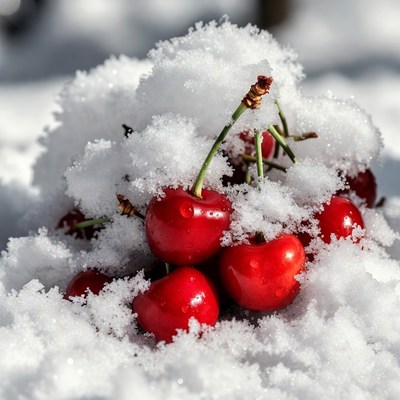 Cherries nestled in fresh snow