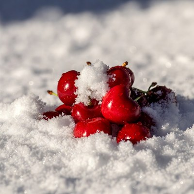 Bright cherries on fresh snow