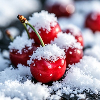 Cherries covered in snow