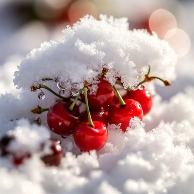 Cherries under fresh snow