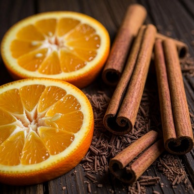 Citrus and spice arrangement on wood