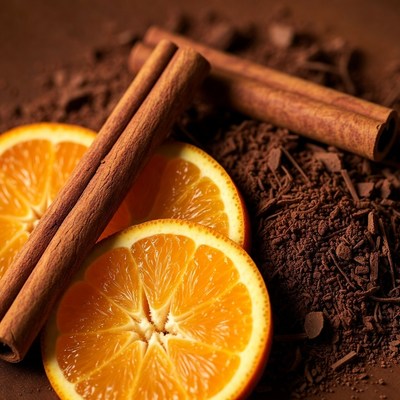 Slices of orange with spices and cocoa