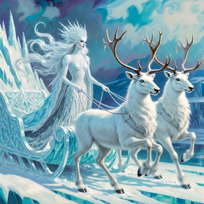 Winter queen with reindeer sleigh
