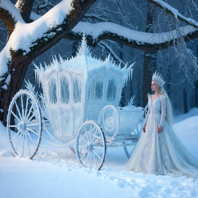 Snowy carriage in enchanted forest