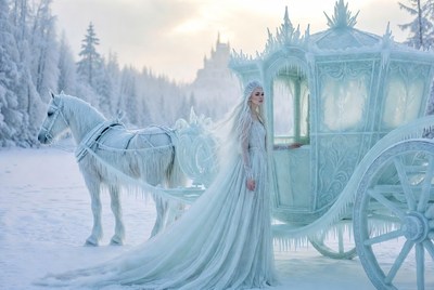 Elegant ice princess near frozen carriage