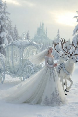 Snowy scene with princess and reindeer