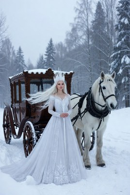 Winter queen with horse-drawn carriage