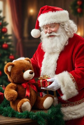 Santa giving gifts with a teddy bear