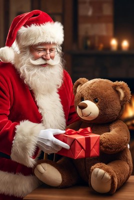 Santa claus presents gift to teddy bear