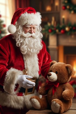 Santa presents gift to teddy bear