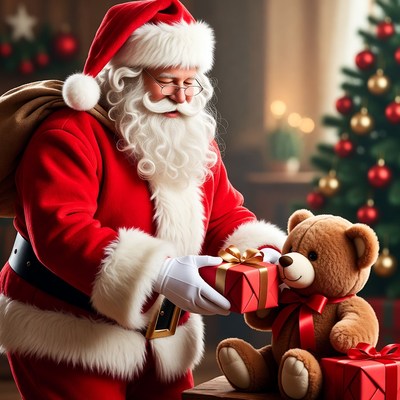 Santa delivering gifts to a teddy bear