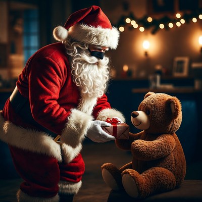 Santa delivers gifts to teddy bear