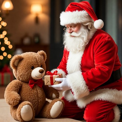 Santa claus gives a gift to a teddy bear
