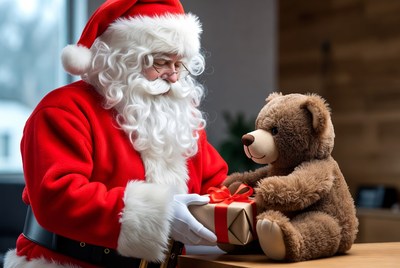 Santa presents bear gift indoors