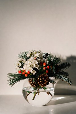 Winter flower arrangement with pinecones