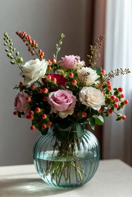 Colorful bouquet of roses and berries
