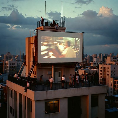 Outdoor movie screening on a rooftop