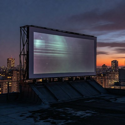 Rooftop movie screen at sunset