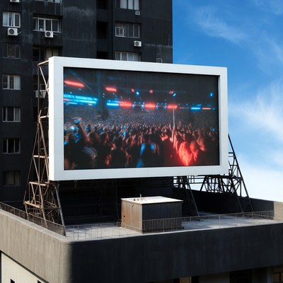 Outdoor concert display board at dusk