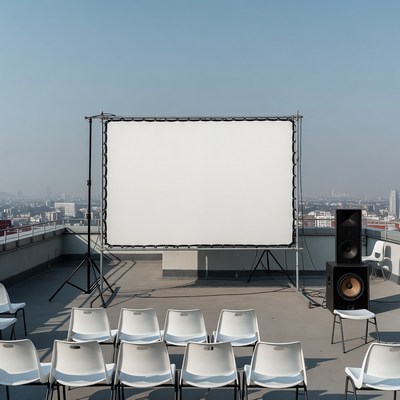 Outdoor movie setup on rooftop