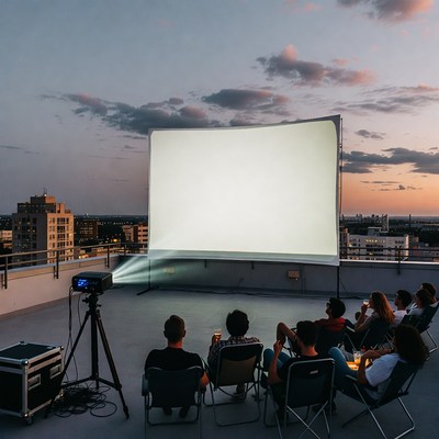 Rooftop movie night under sunset