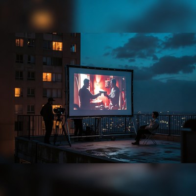 Movie night on rooftop at dusk