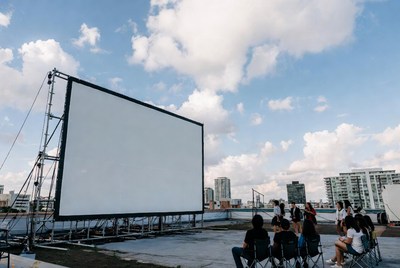 Outdoor film screening on rooftop