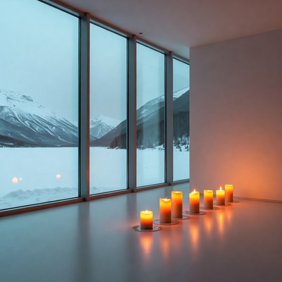 Tranquil snowy mountain retreat with candles