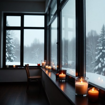 Winter evening with candles by window