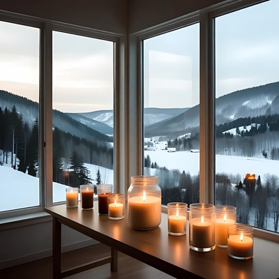 Cozy winter cabin with candles