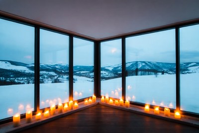 Winter landscape with candlelight glow