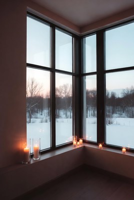 Candles glow in winter view