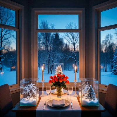 Winter dinner setting with snowy view