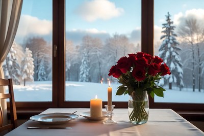 Winter dinner with roses and candles