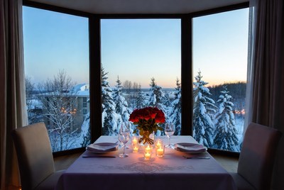 Romantic dinner with snowy view