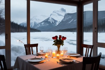 Romantic winter dinner by the lake