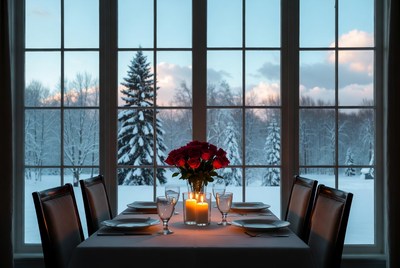 Romantic winter dinner setting with roses