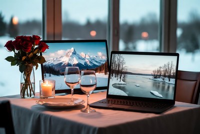 Romantic dinner setup with screens