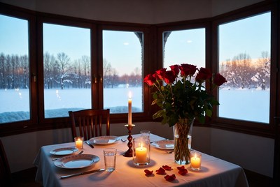 Romantic dinner by snowy windows
